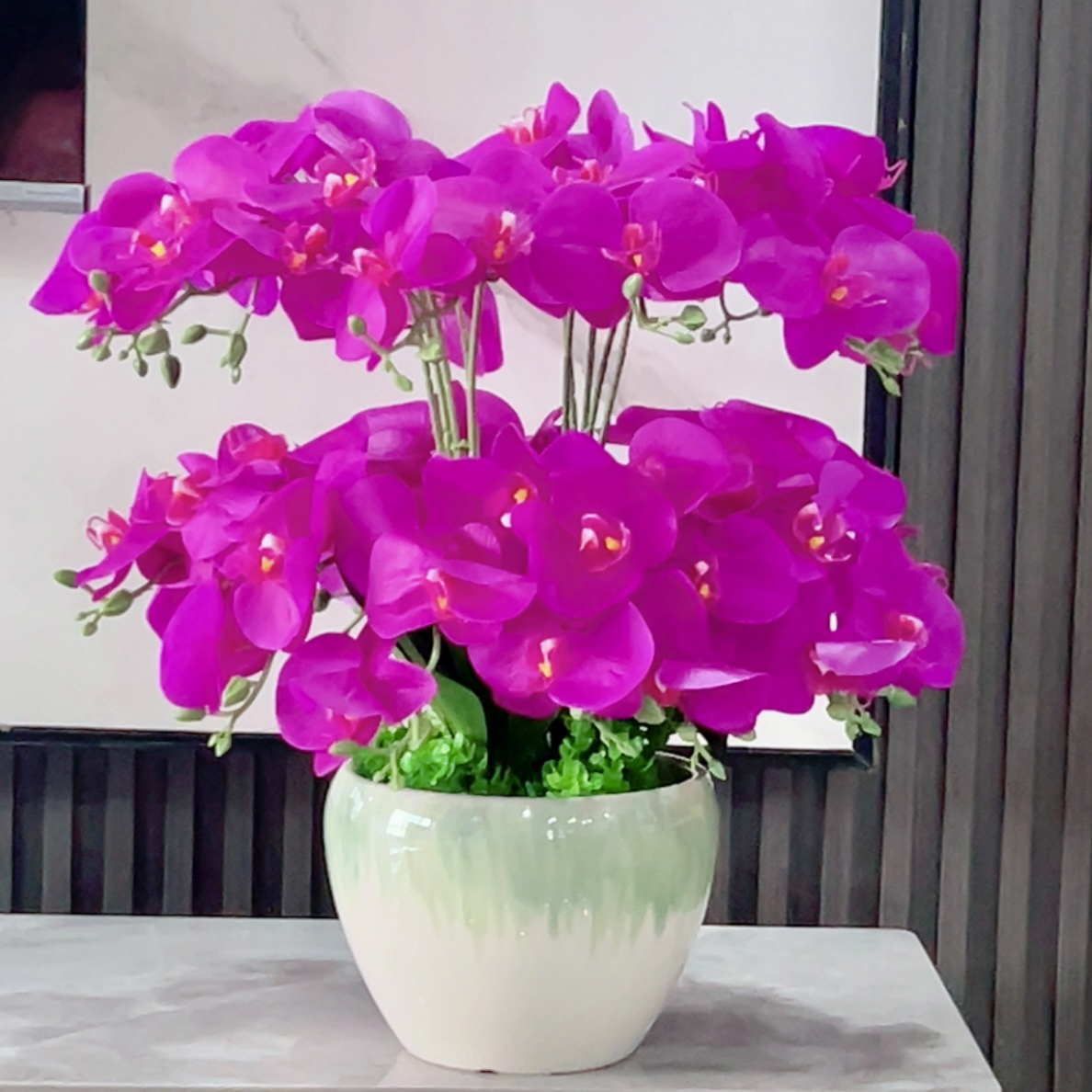 高档pu仿真花蝴蝶兰陶瓷花盆装饰花艺假花