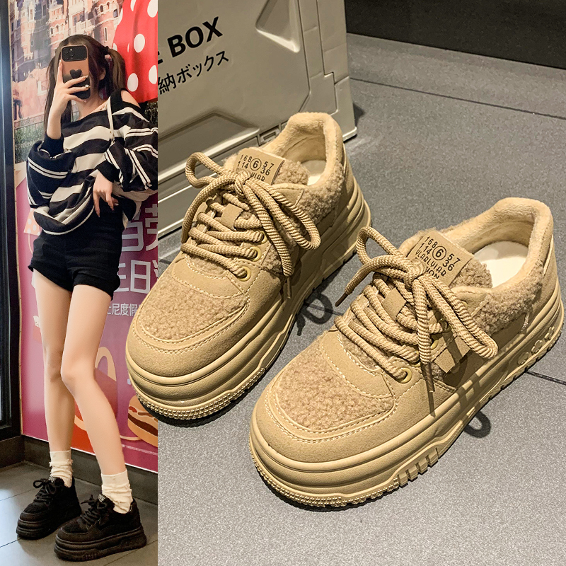 回力瑞2023年冬季新款韩版加绒厚底羊羔毛棉鞋百搭超火休闲板鞋女