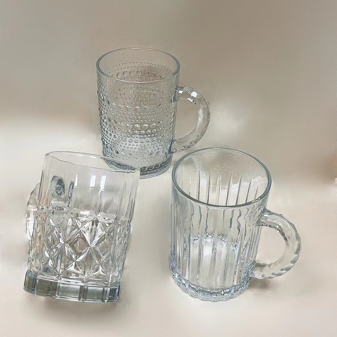 【外贸清仓】3只轻奢高白透明竖纹锤纹珠点茶杯水杯啤酒杯玻璃杯
