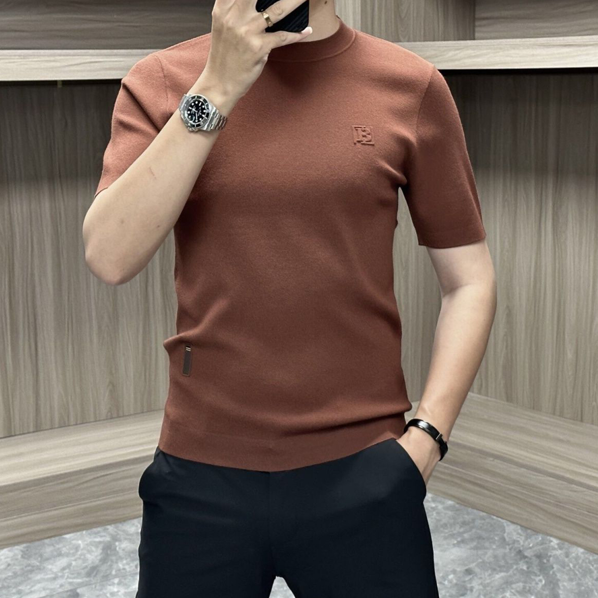 男士轻奢针织短袖T恤冰丝夏季高档品质纯色圆领商务休闲上衣修身