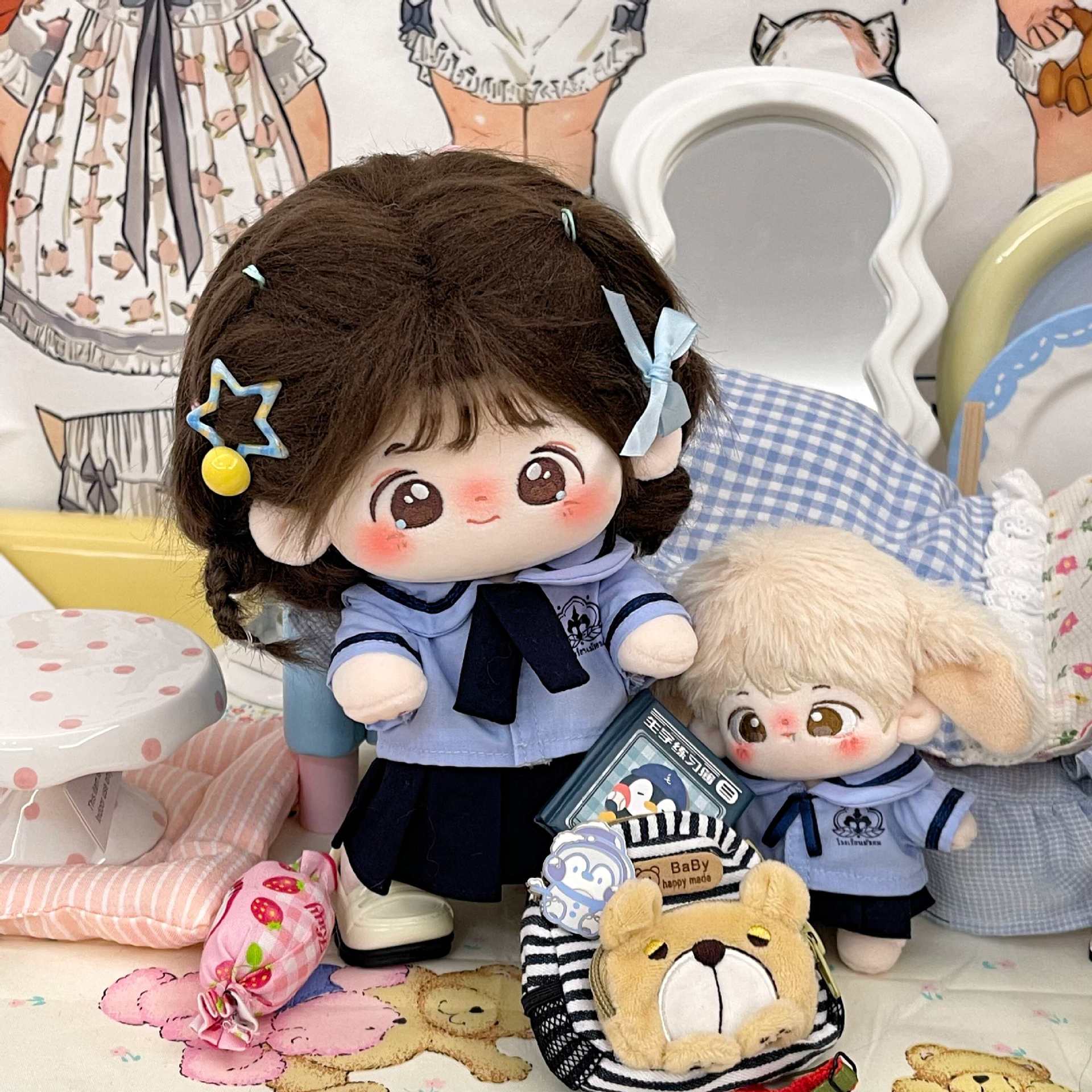 新品10cm20cm娃衣棉花娃娃公仔学院风套装玩偶公仔衣服女生礼物