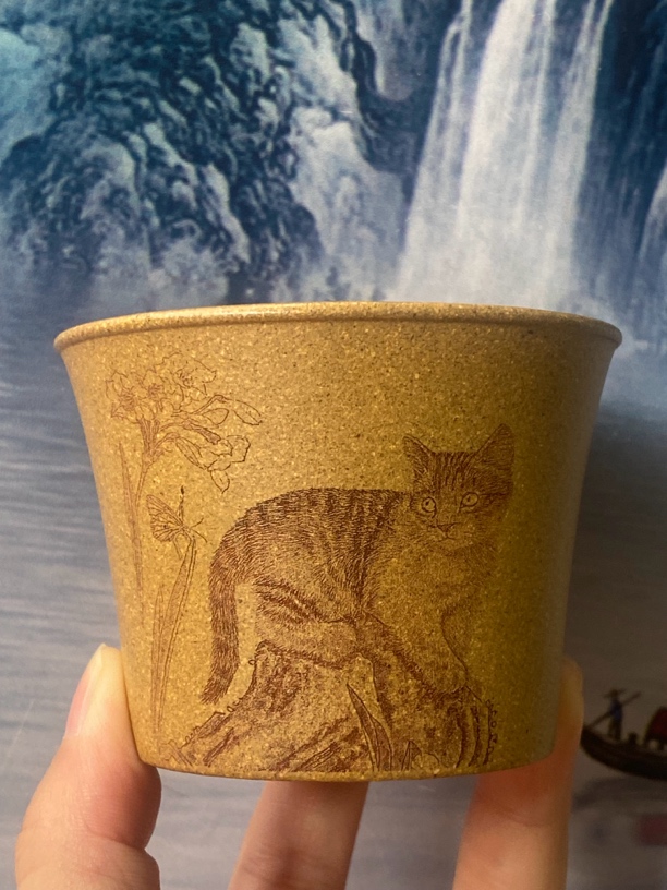 宜兴黄段泥主人杯手工刻绘猫杯容量100毫升紫砂茶器