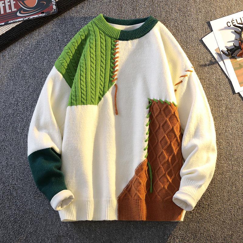拼接撞色毛衣男秋冬款宽松打底衫青少年学生加厚保暖圆领针织衫潮