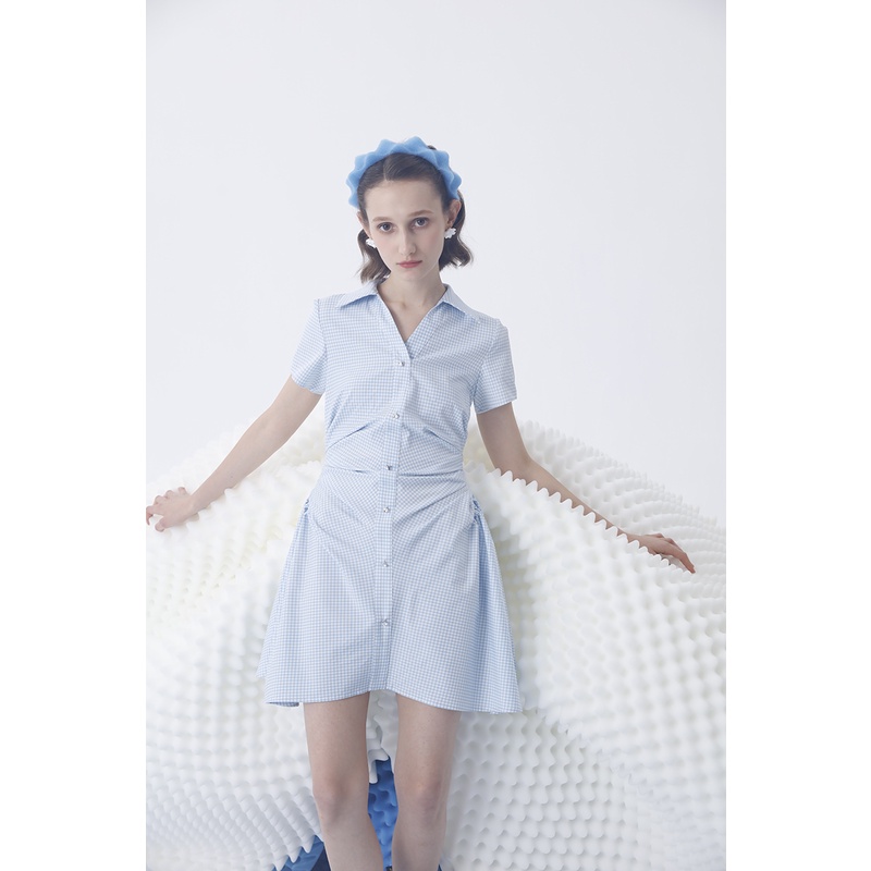 制造后花园*Bow attitude系列法式优雅蓝格子褶皱收腰显瘦连衣裙