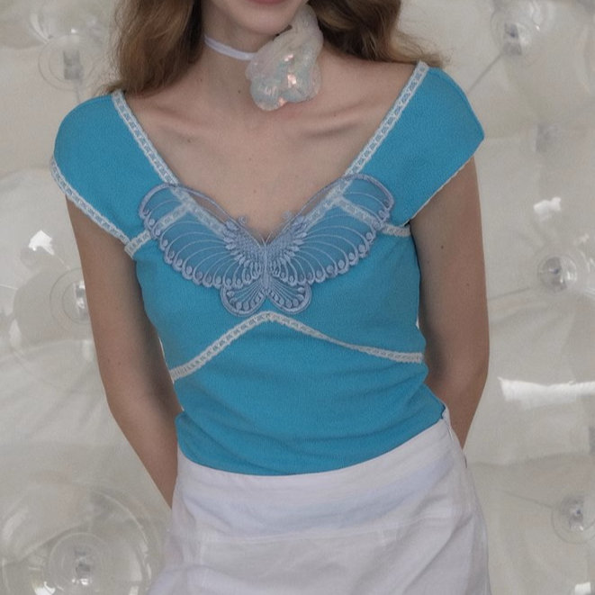 0515制造后花园*甜酷重工蕾丝刺绣玫瑰明线短袖T恤