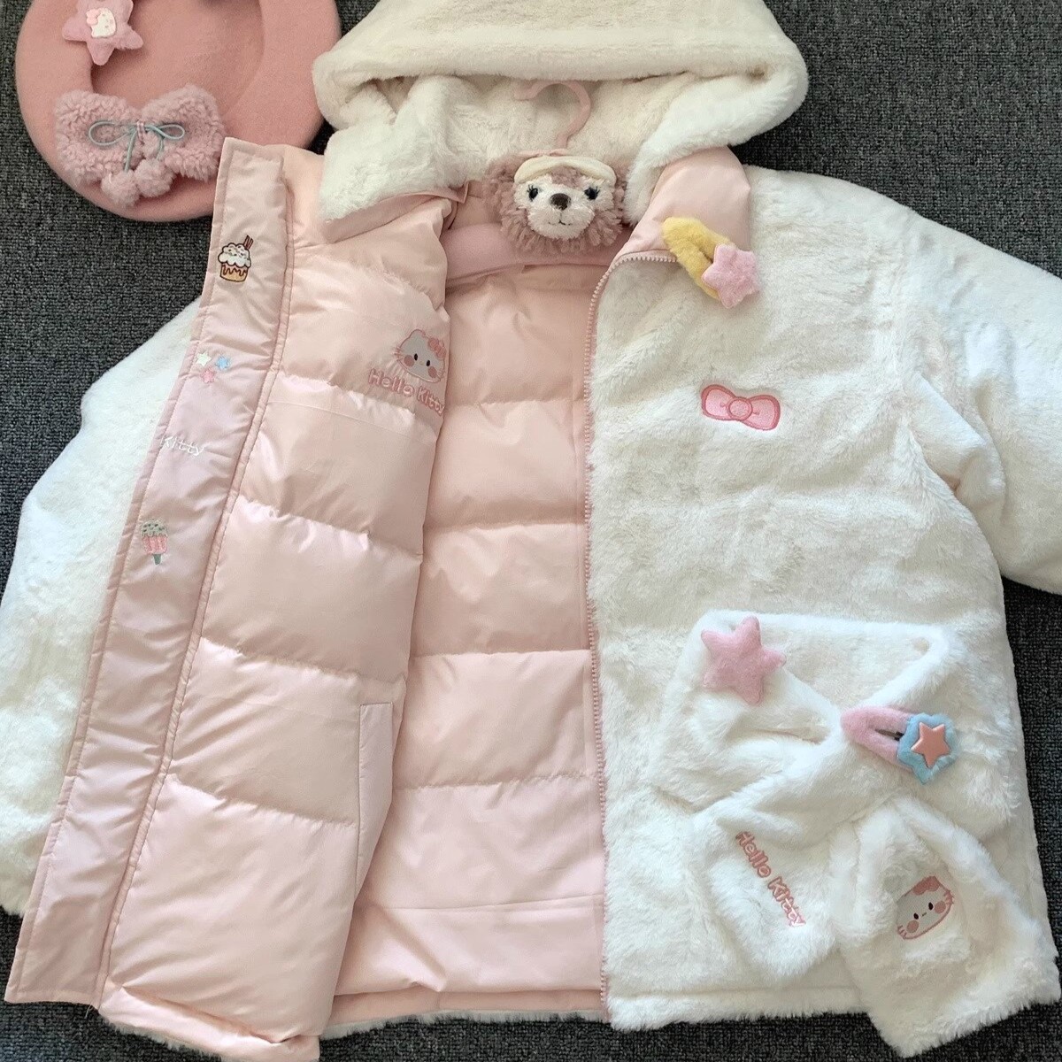 可爱kt猫粉色加厚羽绒棉服女冬季毛绒绒连帽双面穿学院风棉衣外套