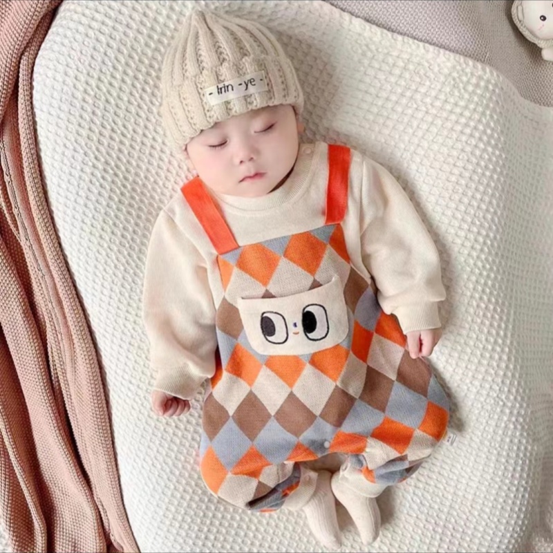 春秋款婴儿衣服表情包菱形格假背带拼接哈衣男宝宝外出