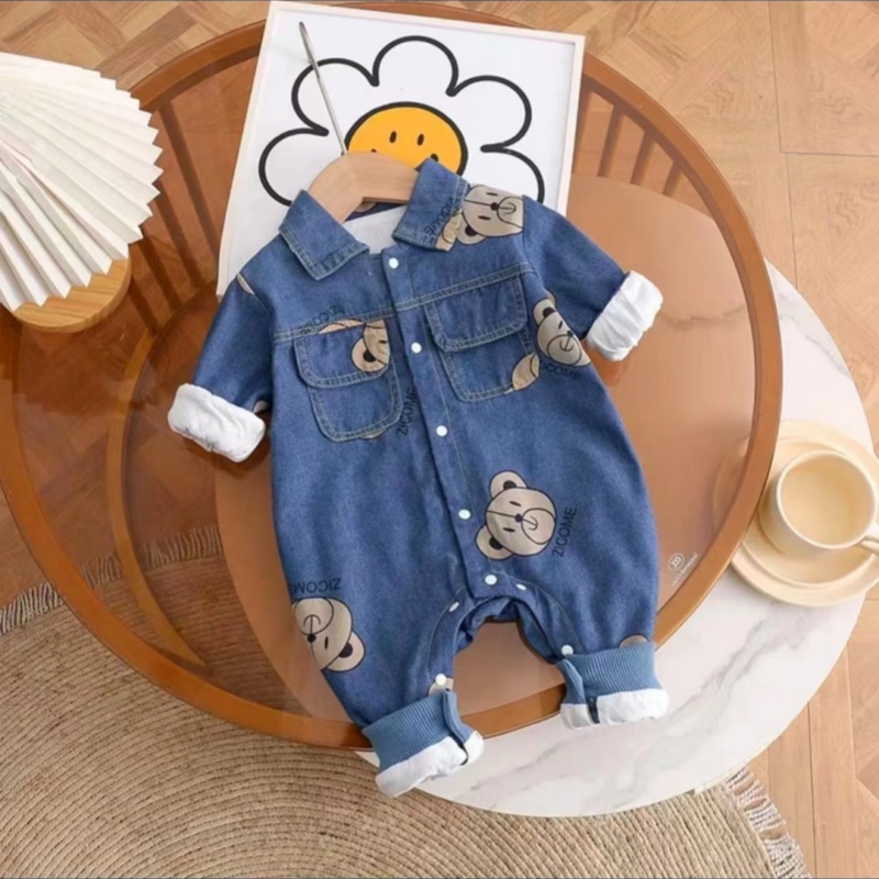 春秋款婴儿衣服翻领满印熊头双层牛仔连体男宝宝帅气外出