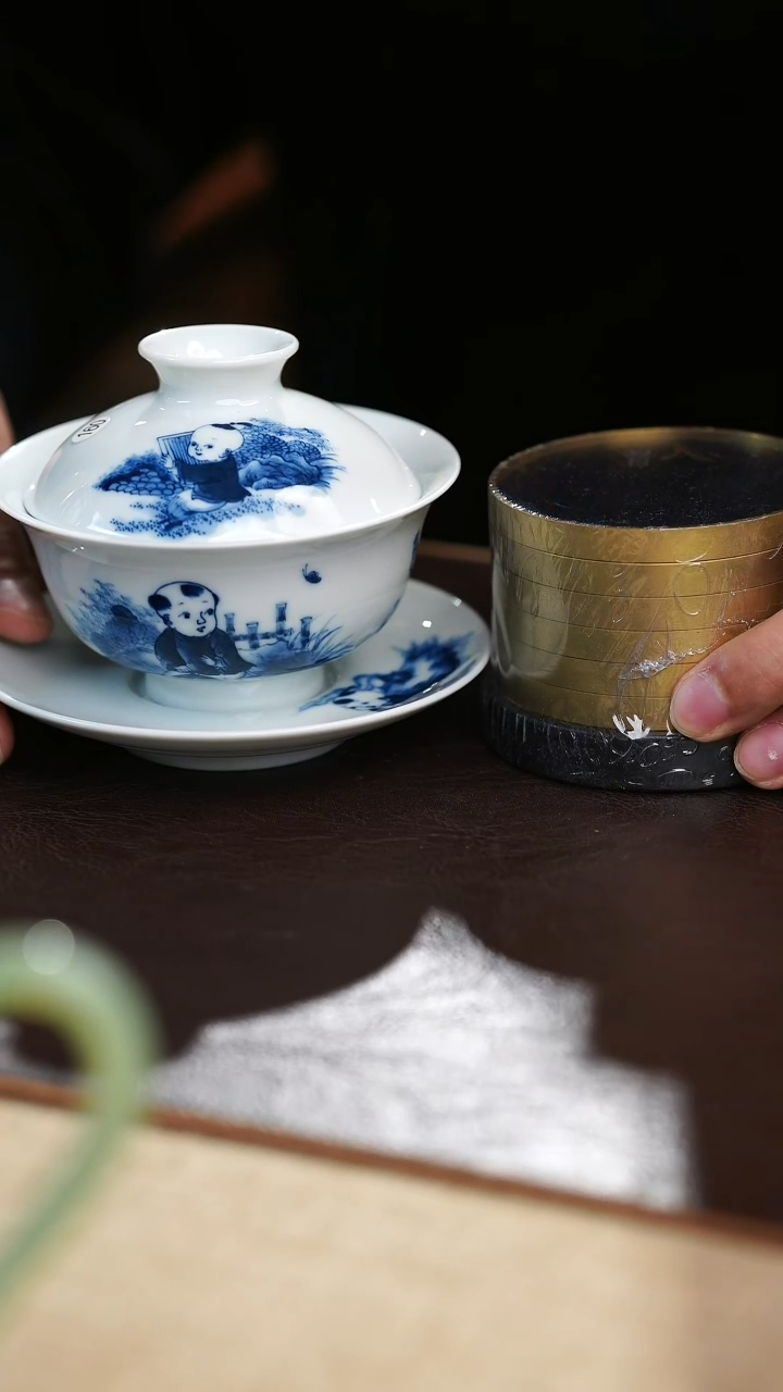 【闪购商品】瓷杯段氏青花-童子三才盖碗+杯垫
