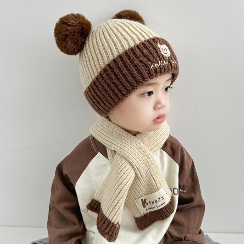 儿童婴儿保暖帽围巾套装秋冬加厚男女宝宝毛绒套头帽简约百搭新款