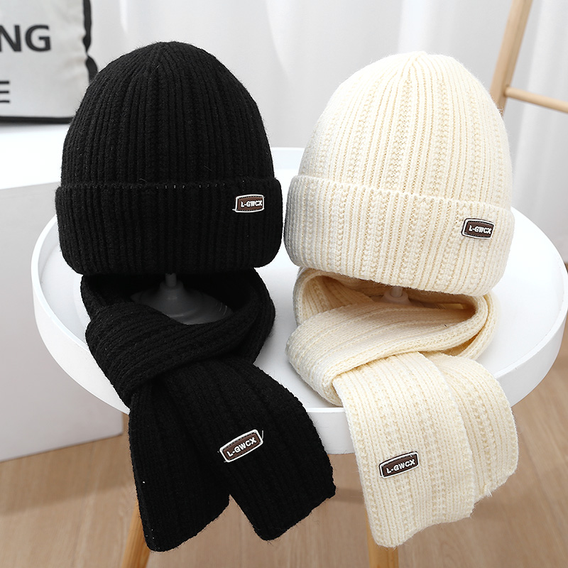 女童冬男童儿童棉质帽子围脖宝宝帽围巾套装加绒保暖针织帽中大童