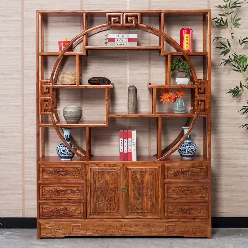 1.3/1.5米多宝阁实木榆木，客厅办公书房落地式隔断玄关置物展示架