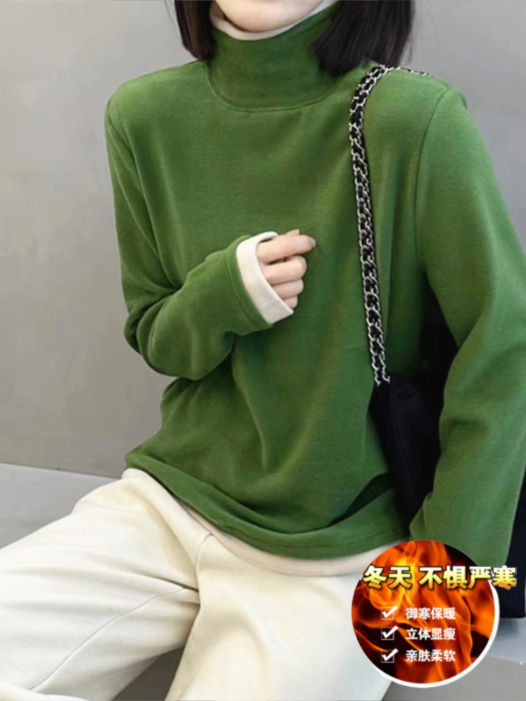 撞色高领德绒保暖打底衫女2024新款秋冬长袖加厚磨毛假两件T恤ins