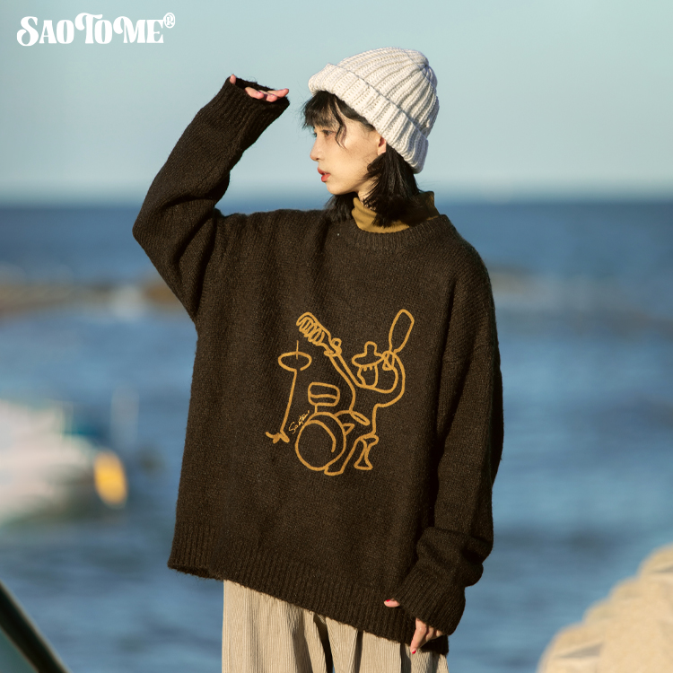 早乙女惠子saotome日系潮牌秋冬复古慵懒感圆领绣花毛衣MY231044