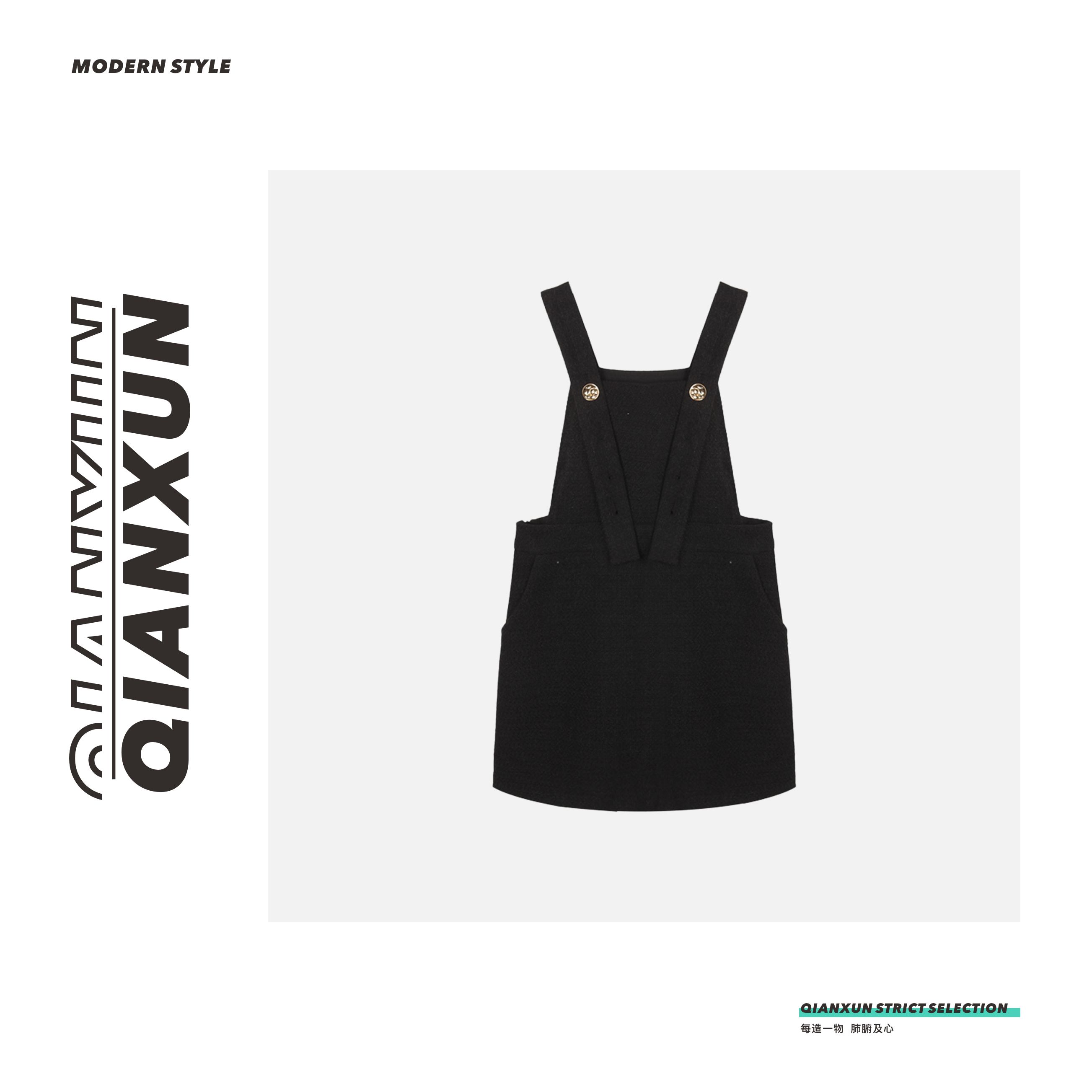 「假日甜心」简约优雅黑色无袖吊带连衣裙女金色纽扣点缀C4QZ5054A