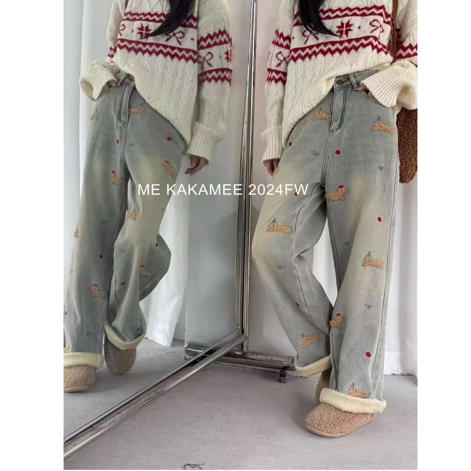 【千寻严选】牛仔裤D4NZK8386小狗时尚休闲百搭宽松潮流设计感裤子