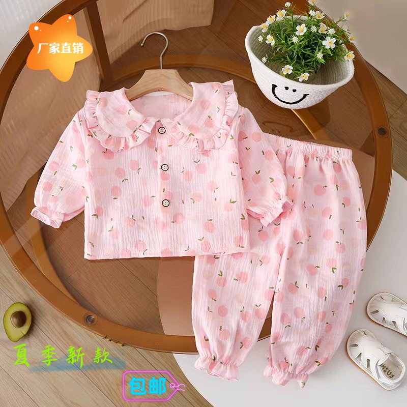 厂家直销夏季新款棉纱家居服九分袖韩版套装宽松轻薄吸汗宝宝睡衣