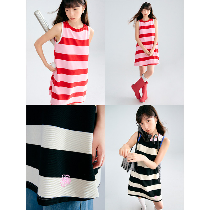 有耳原创设计 jennie假期 条纹花朵刺绣休闲背心连衣裙D82N21411