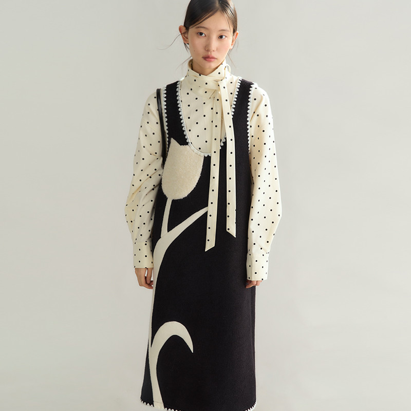 有耳原创设计 骄傲的郁金香 拼接花朵含羊毛呢背心连衣裙D83N2215