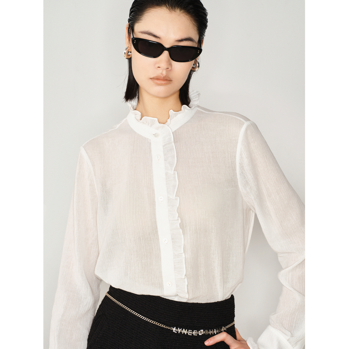LYNEE 纯棉木耳边肌理感简约上衣休闲设计感衬衫女 LGD2EAW013