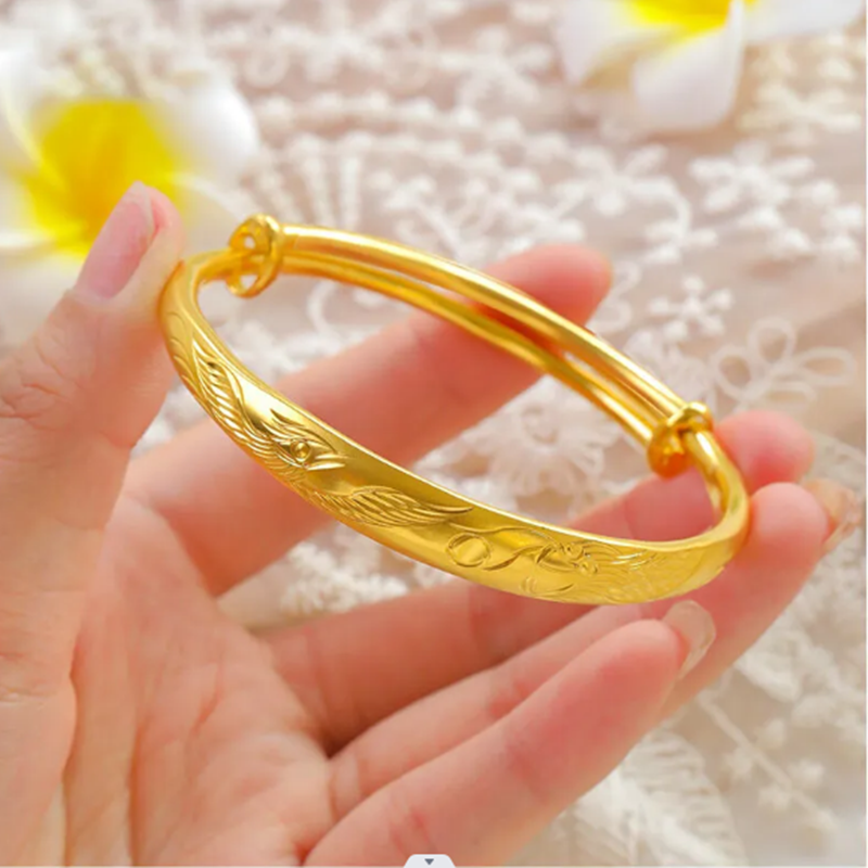 合金手镯 百搭实心龙凤呈祥光面女款黄金真金色时尚妈妈镯子饰品