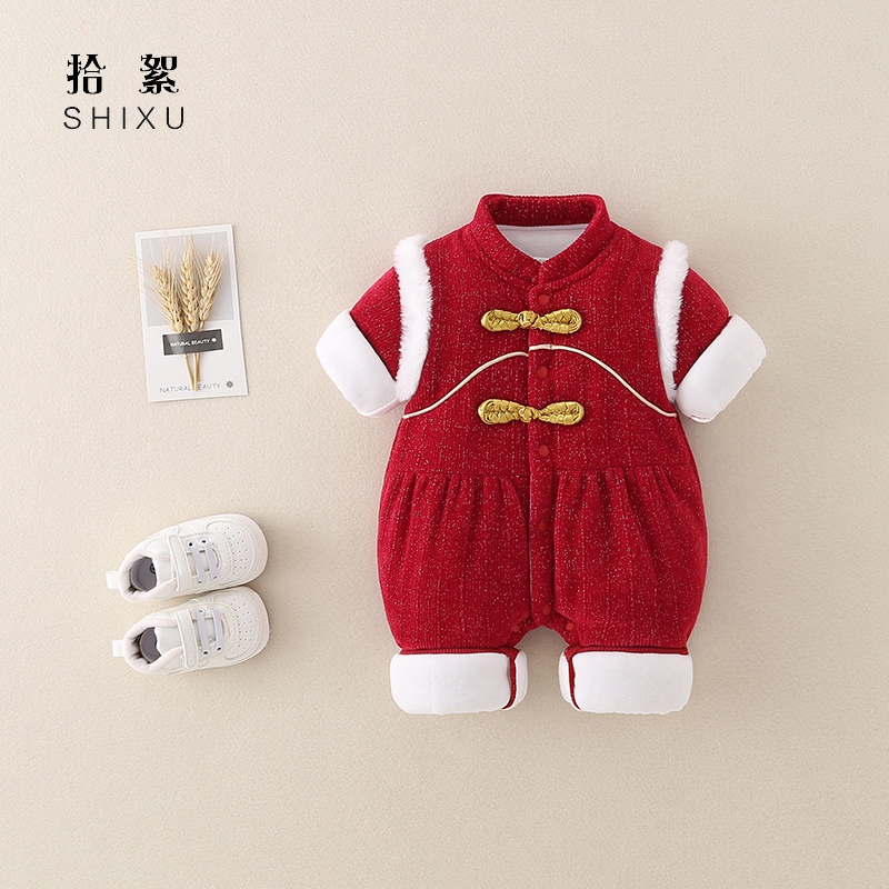 婴儿衣服秋冬装夹棉连体衣女宝宝公主棉服汉服薄棉外套喜庆拜年服