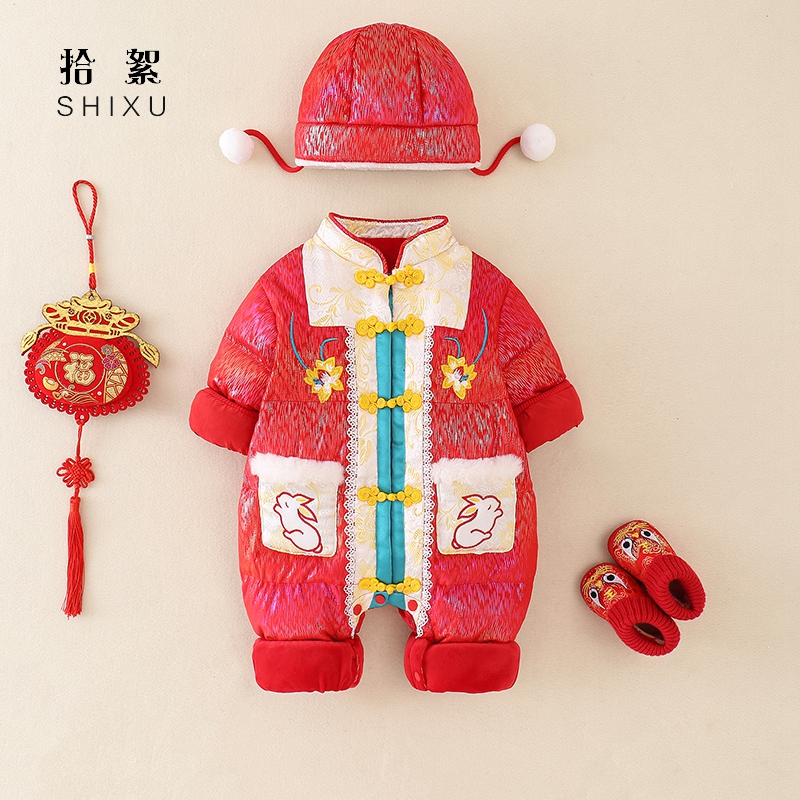 婴儿衣服冬装加绒连体衣宝宝红色喜庆周岁哈衣新年装过年拜年棉服