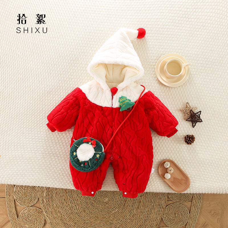 婴儿衣服冬装加绒连体衣宝宝超萌加厚毛毛衣棉服抱衣新年装拜年服