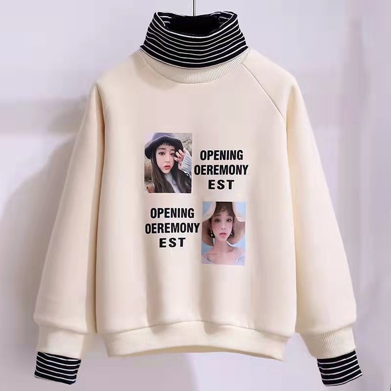 女童假两件卫衣秋冬加绒宽松学生一体绒上衣中大童高领洋气百搭潮