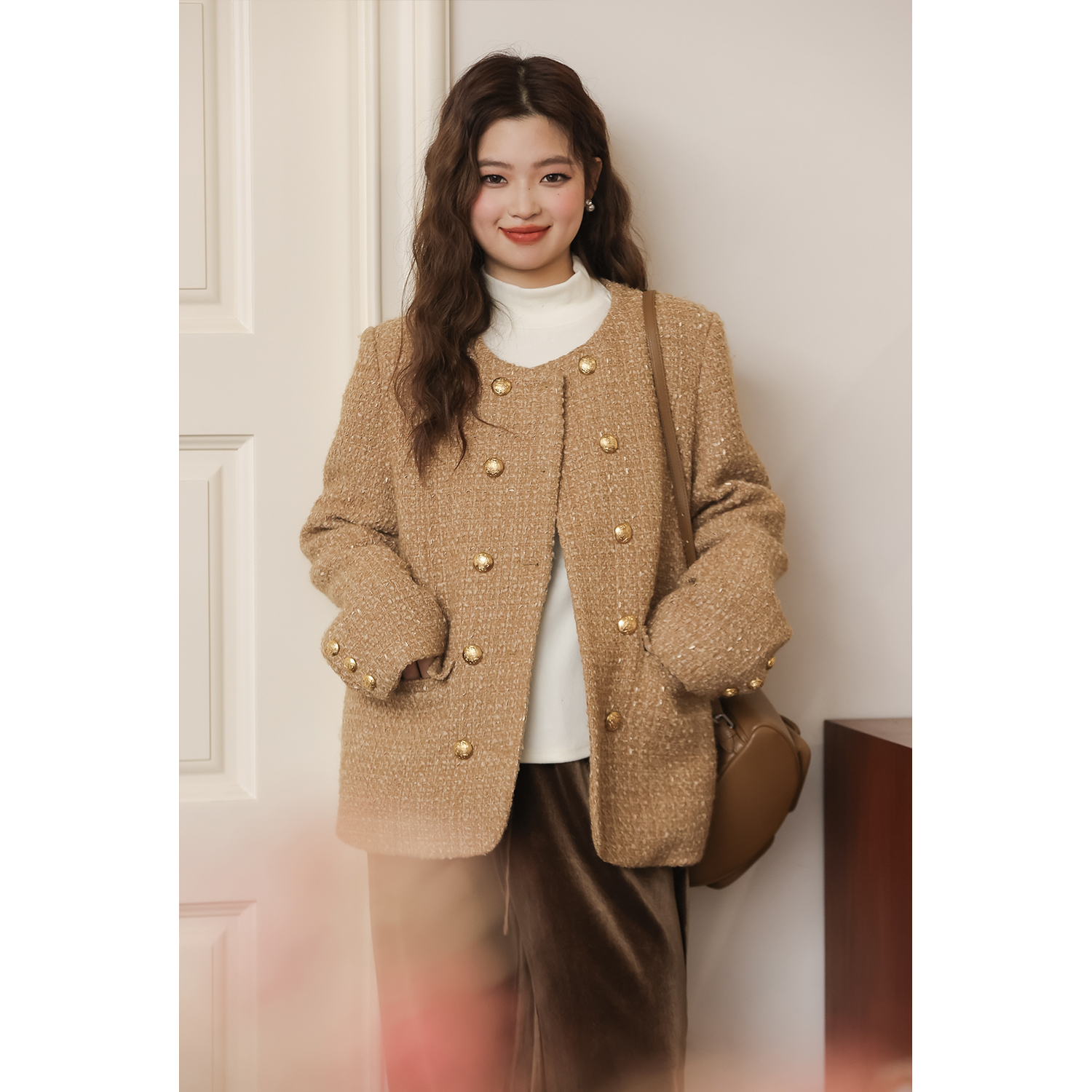 现货4356D婉酱微胖定制小众设计感双排扣气质小香风夹90羽绒外套