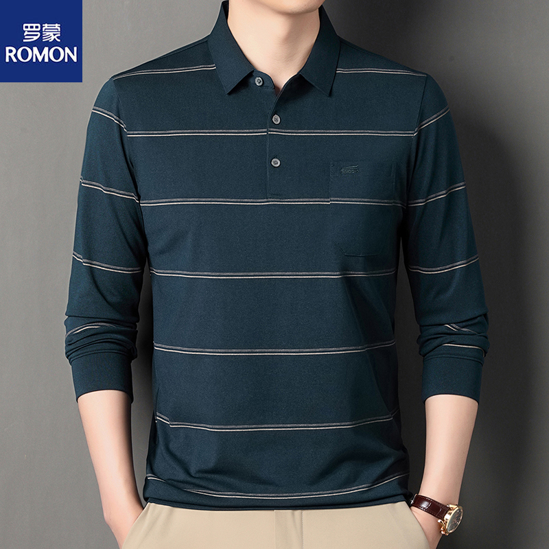 Romon/罗蒙长袖T恤男士春秋季新款休闲翻领爸爸装上衣服体恤衫