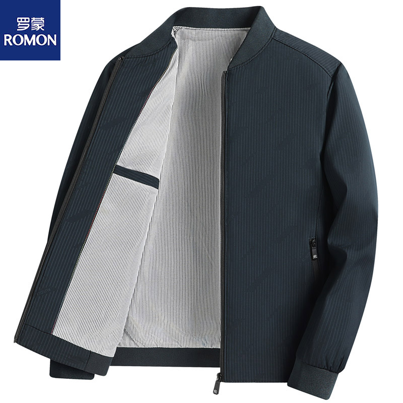 Romon/罗蒙男士商务棒球领短款夹克秋季新款休闲百搭格子宽松外套