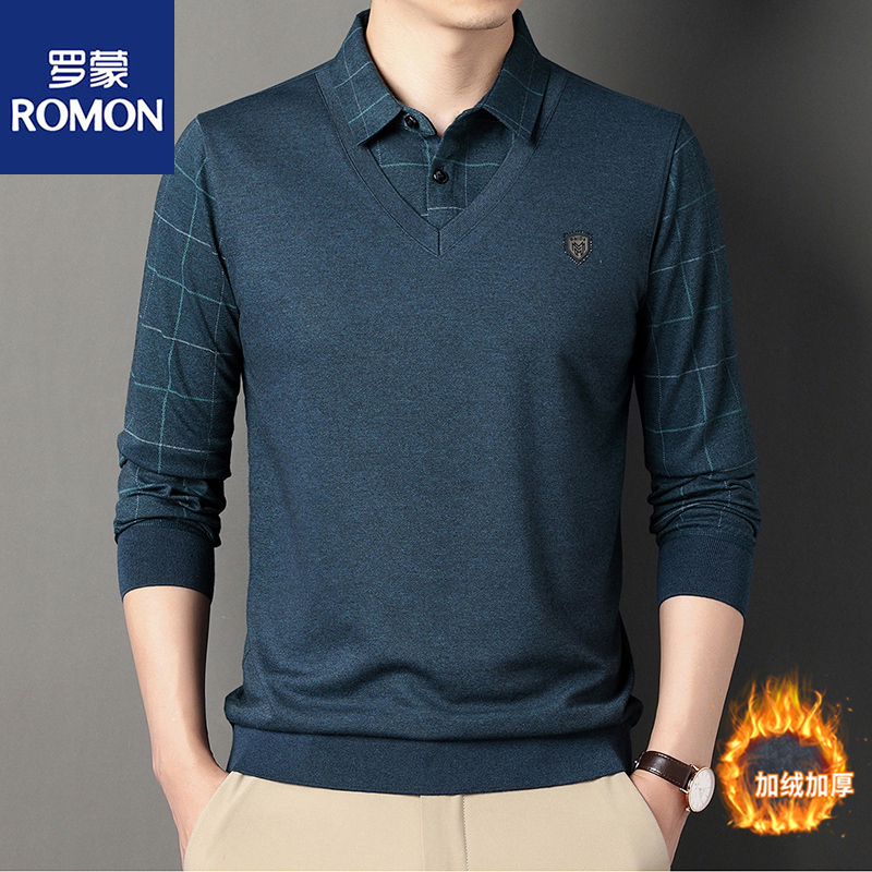 Romon/罗蒙秋冬款爸爸上衣中年男士商务休闲假两件加绒加厚针织衫