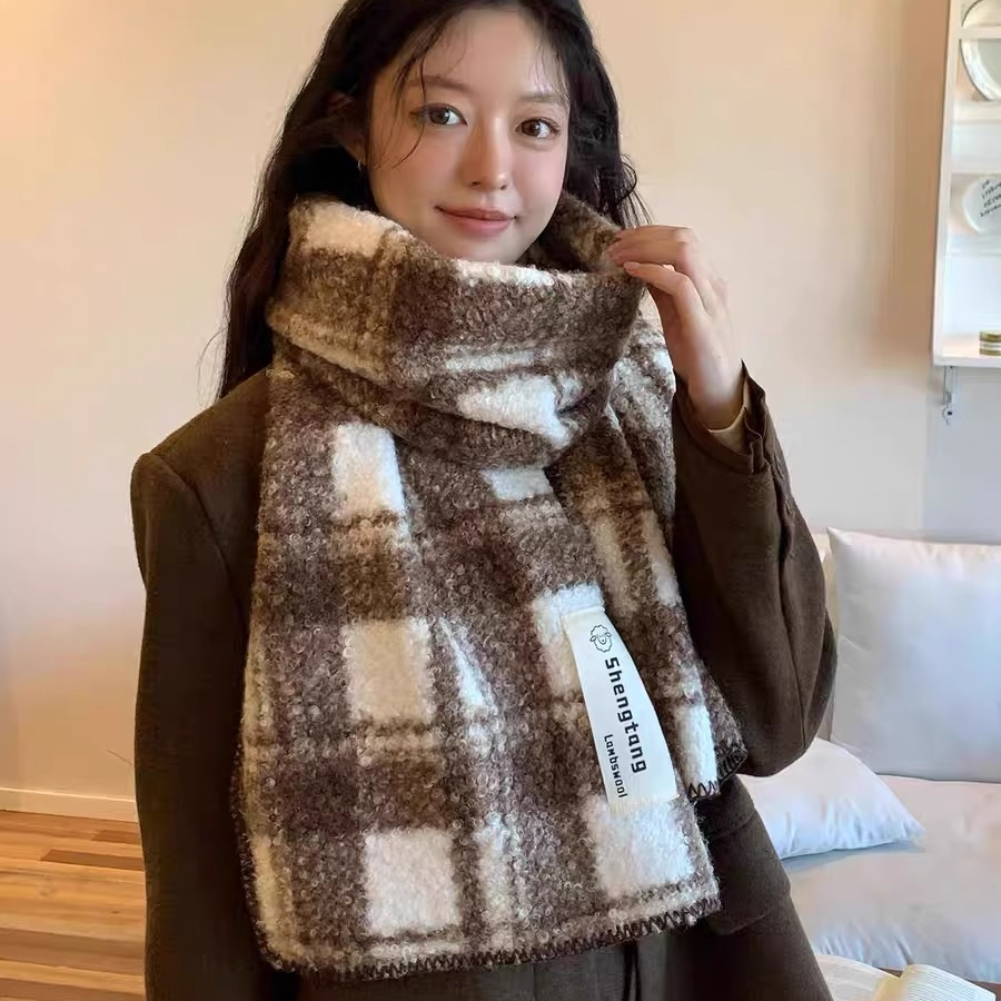 高级感轻奢格子围巾女2024冬季新款加厚圈圈绒围脖披肩