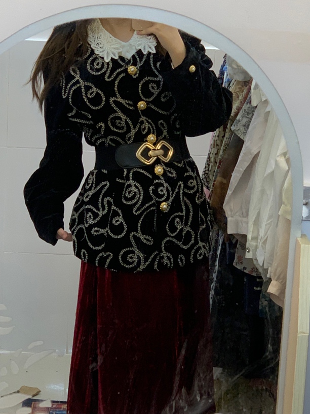 日系古着丝绒气质连衣裙修身外套上衣