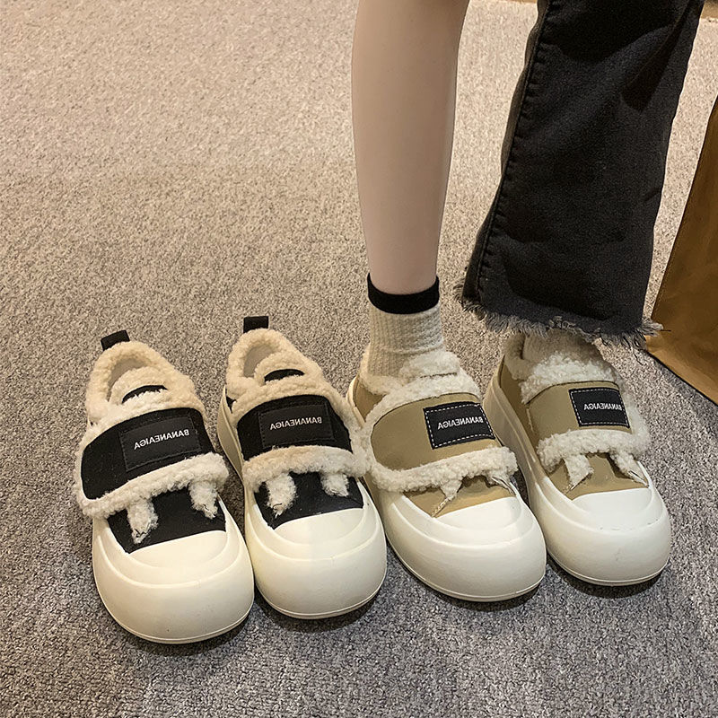 小众魔术贴二棉鞋女冬加绒棉鞋子2023新款厚底丑萌大头小白鞋女鞋