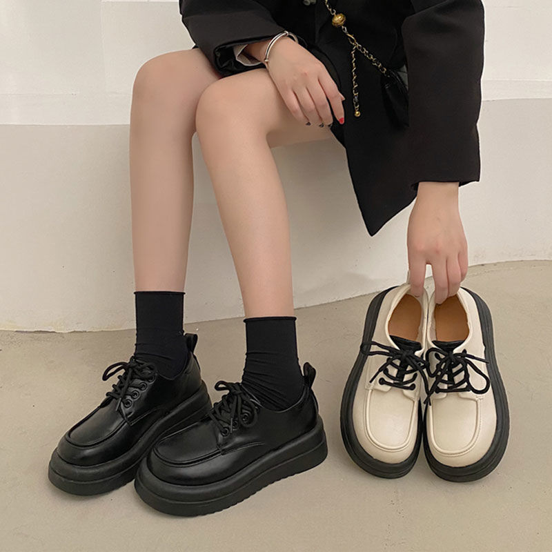 小皮鞋女英伦风2023年新款秋冬百搭加绒厚底日系学生系带复古棉鞋