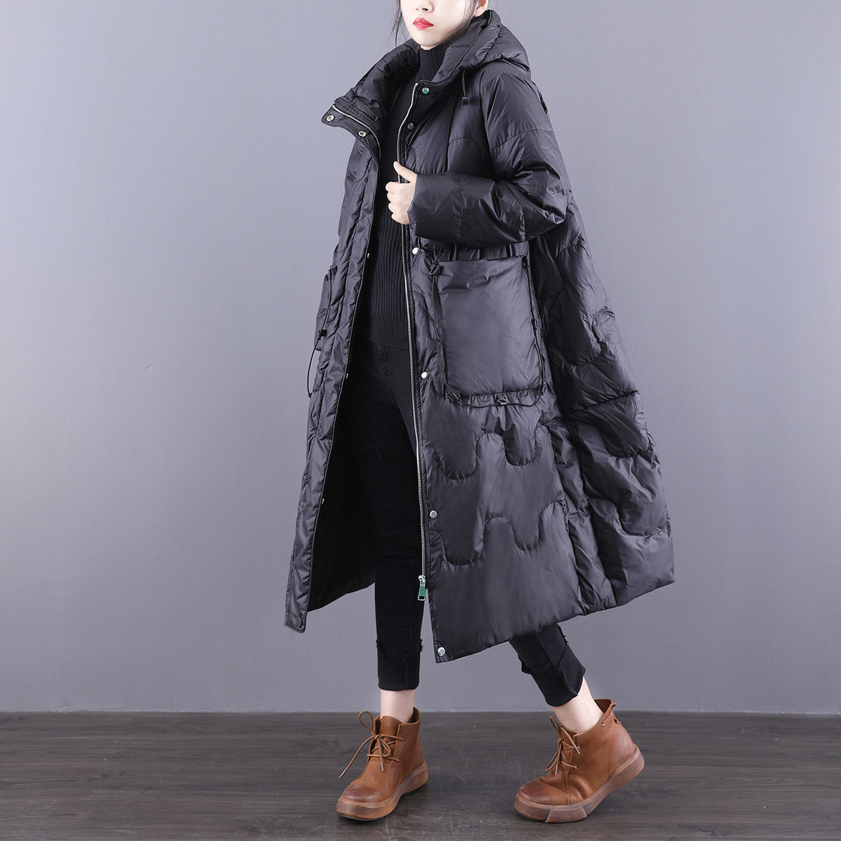 波司澄羽绒服女中长款加厚大码宽松文艺复古连帽过膝冬装新款外套