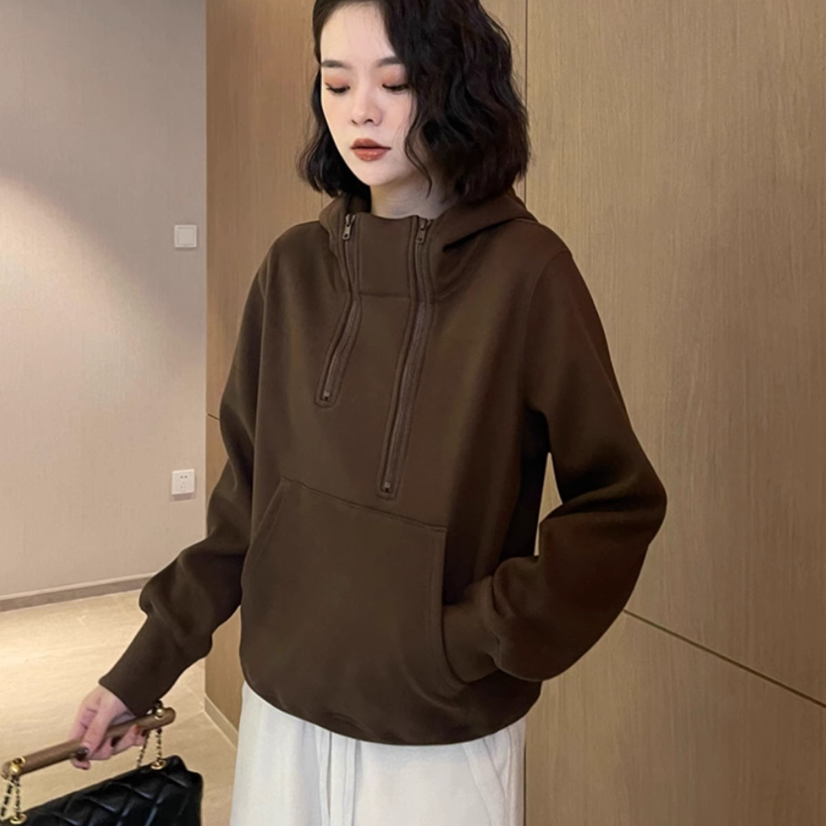 反季清仓~德绒连帽卫衣双拉链小众加绒加厚保暖打底帽衫女款上衣