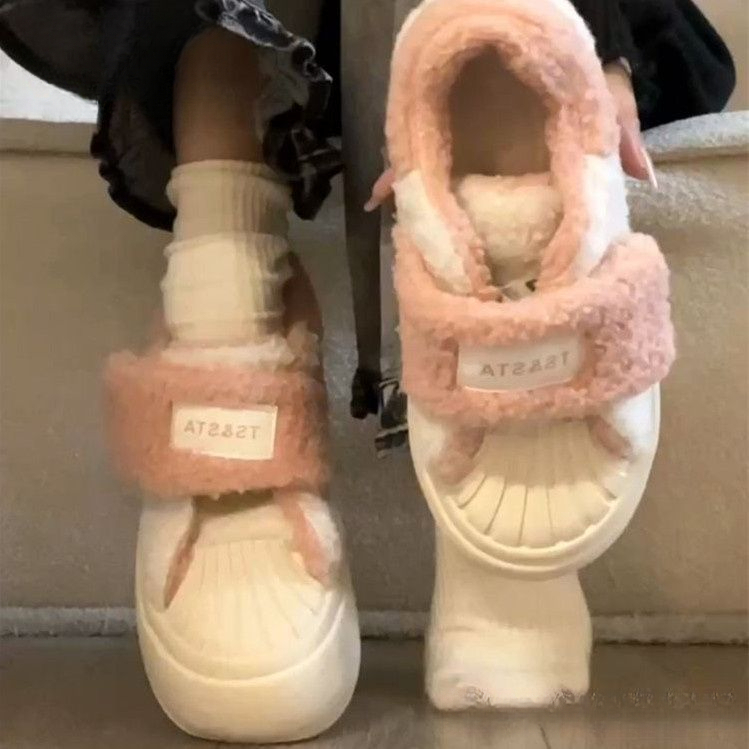 季回力休魔术贴毛毛面包鞋冬季加绒保暖2023新款厚底板鞋运动棉鞋