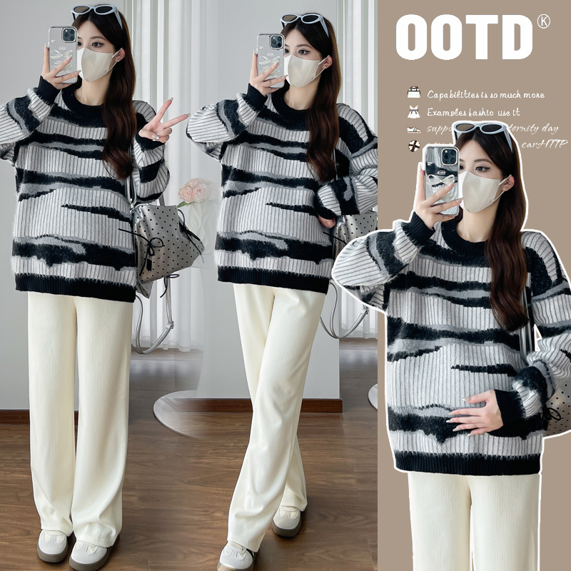 孕妇装秋冬宽松百搭加厚马海毛条纹毛衣遮肚不显怀孕妇外穿上衣