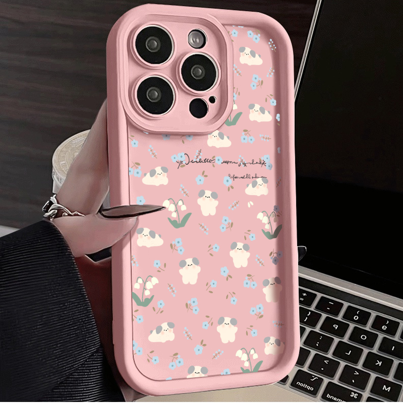 ins风小众碎花小狗适用苹果15pro/VIVO/OPPO华为小米14肤感手机壳