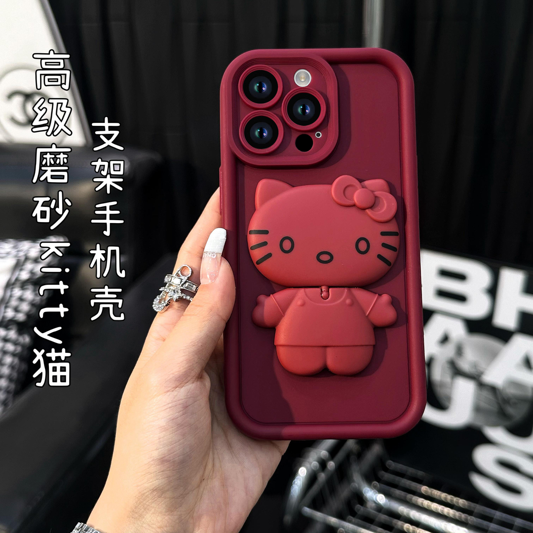 凯蒂猫华为mate60苹果15高级镜面支架vivooppo全包防摔耐脏手机壳