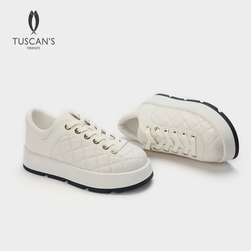 TUSCAN'S小香风菱格纹厚底休闲小白鞋真皮低帮女士板鞋时代双鱼