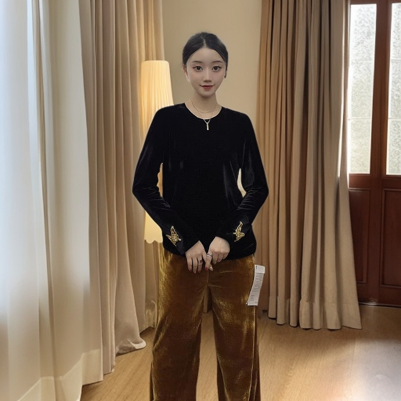 丝绒宽松慵懒风长袖T恤百搭设计舒适上衣