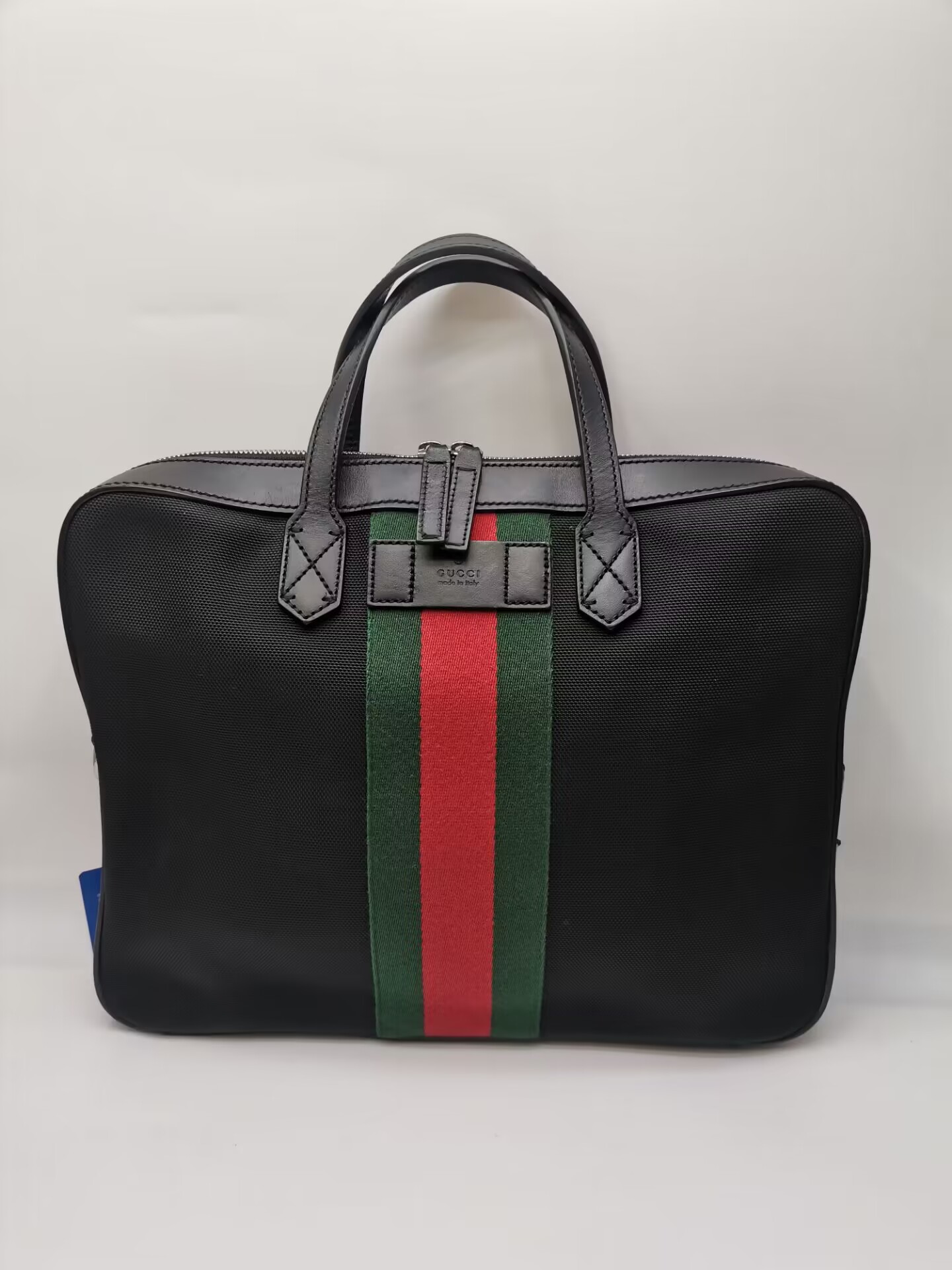 99新 GUCCI/古驰  98新80128 GUCCI 古驰 红绿条纹黑色帆布手提包