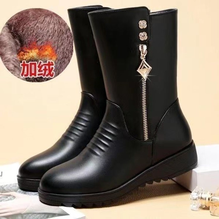 2024新款加绒保暖雪地靴长筒长筒靴过膝牛仔厚底洋气大码网红黑色