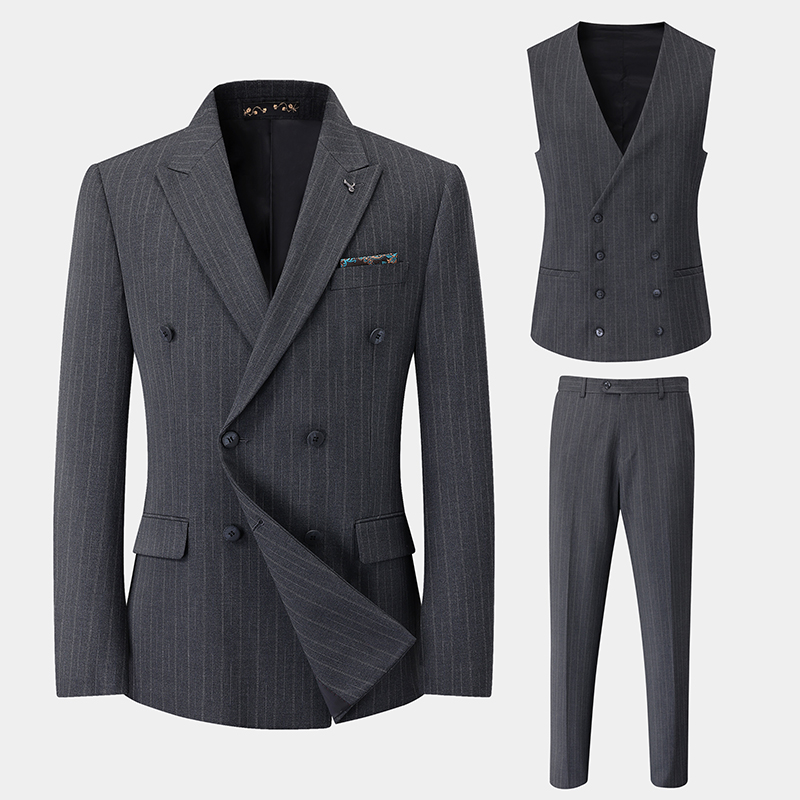 大码西服套装男士修身商务轻奢英伦风双排扣西装正装婚礼宴会西服