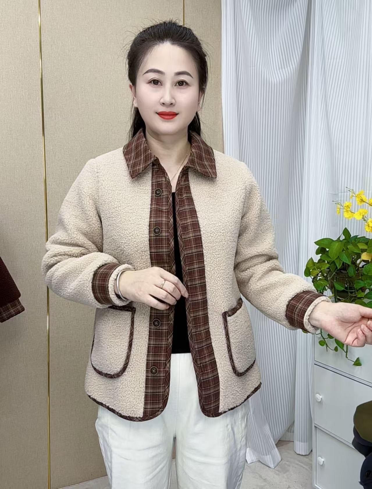 2024秋冬气质百搭颗粒绒拼接外套时尚宽松休闲衬衫领加厚女装