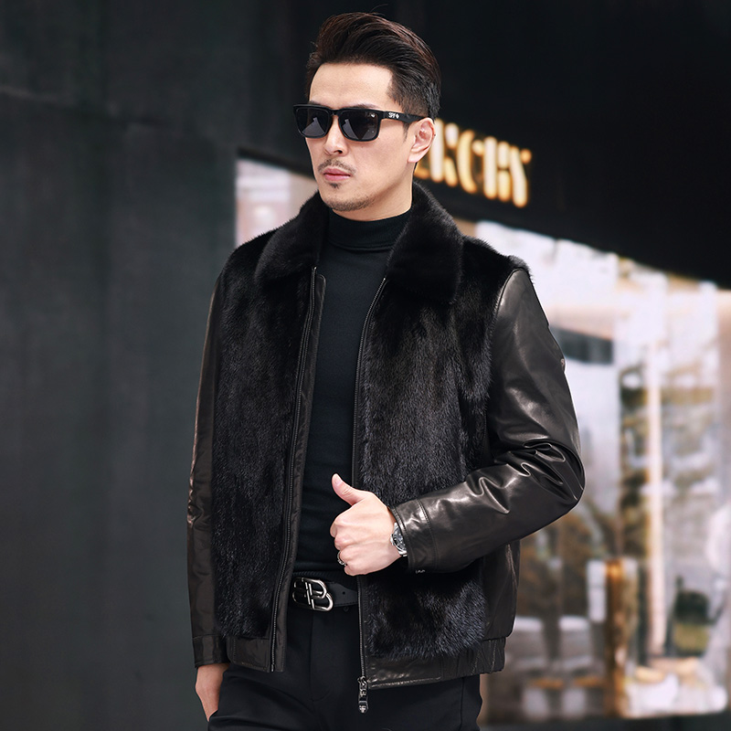 整貂皮草海宁真皮衣男鹅绒内胆山羊皮水貂皮毛一体短款皮夹克外套